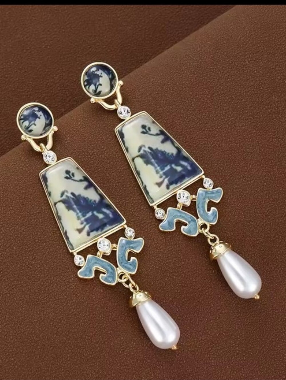 Artisan Gold-Tone Blue & White Porcelain Drop Earrings with Pearl Teardrops